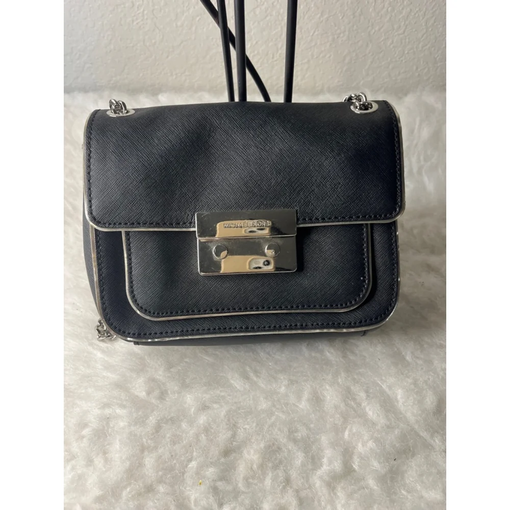 Michael Kors Sloan Specchio Shoulder Flap Bag Black Saffiano Leather Silver Trim